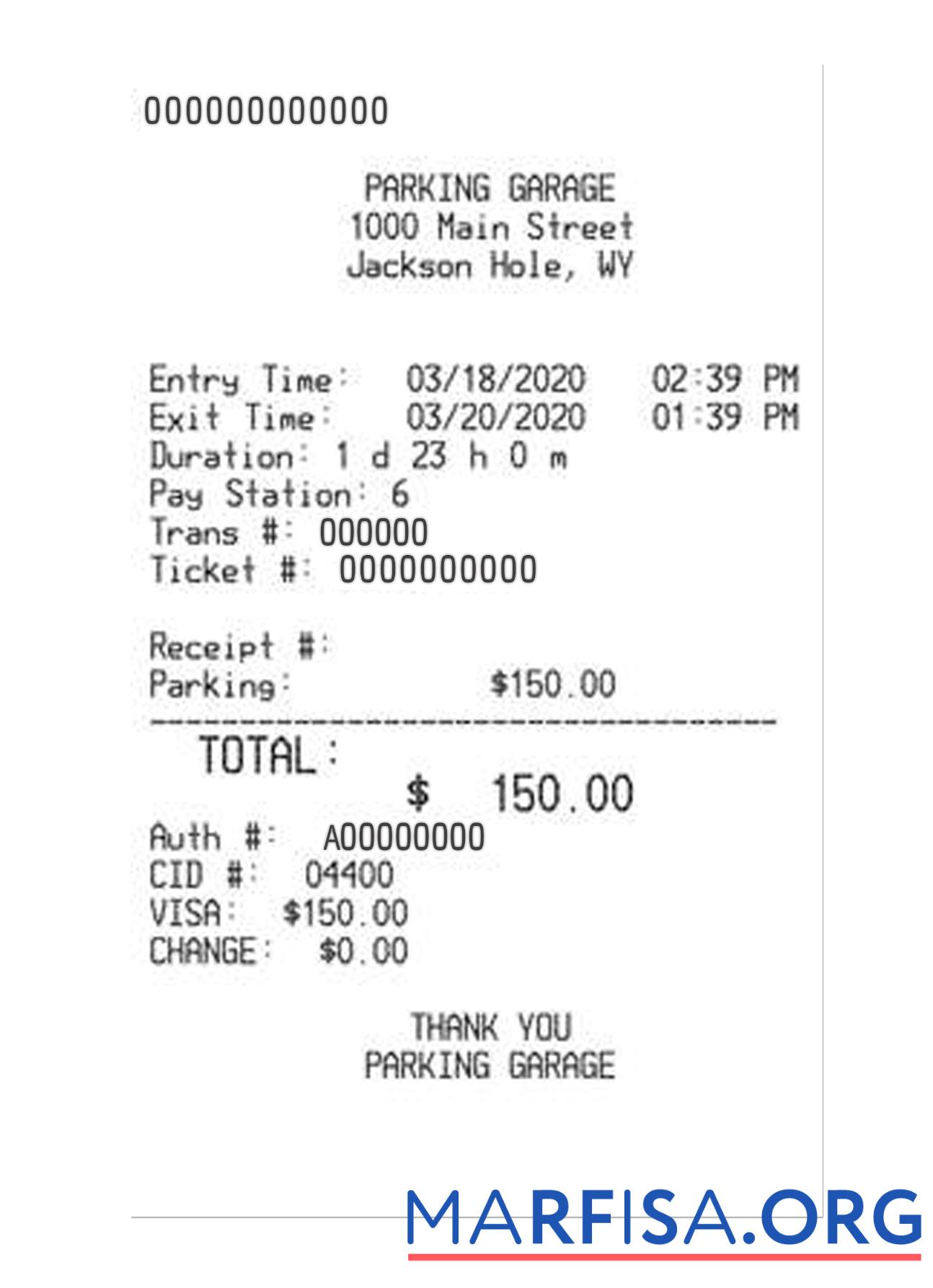 Blank PARKING GARAGE payment receipt download for verification